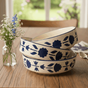 Premium Ceramic Salad Plates (Set of 3, Stackable)- Indigo Floral