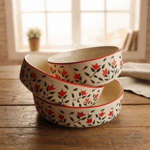 Premium Ceramic Salad Plates (Set of 3, Stackable) - Coral Leaf