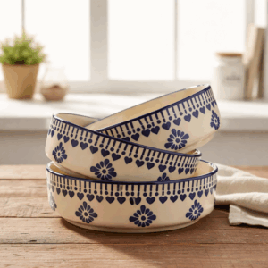 Premium Ceramic Salad Plates (Set of 3, Stackable)- Indigo Motif