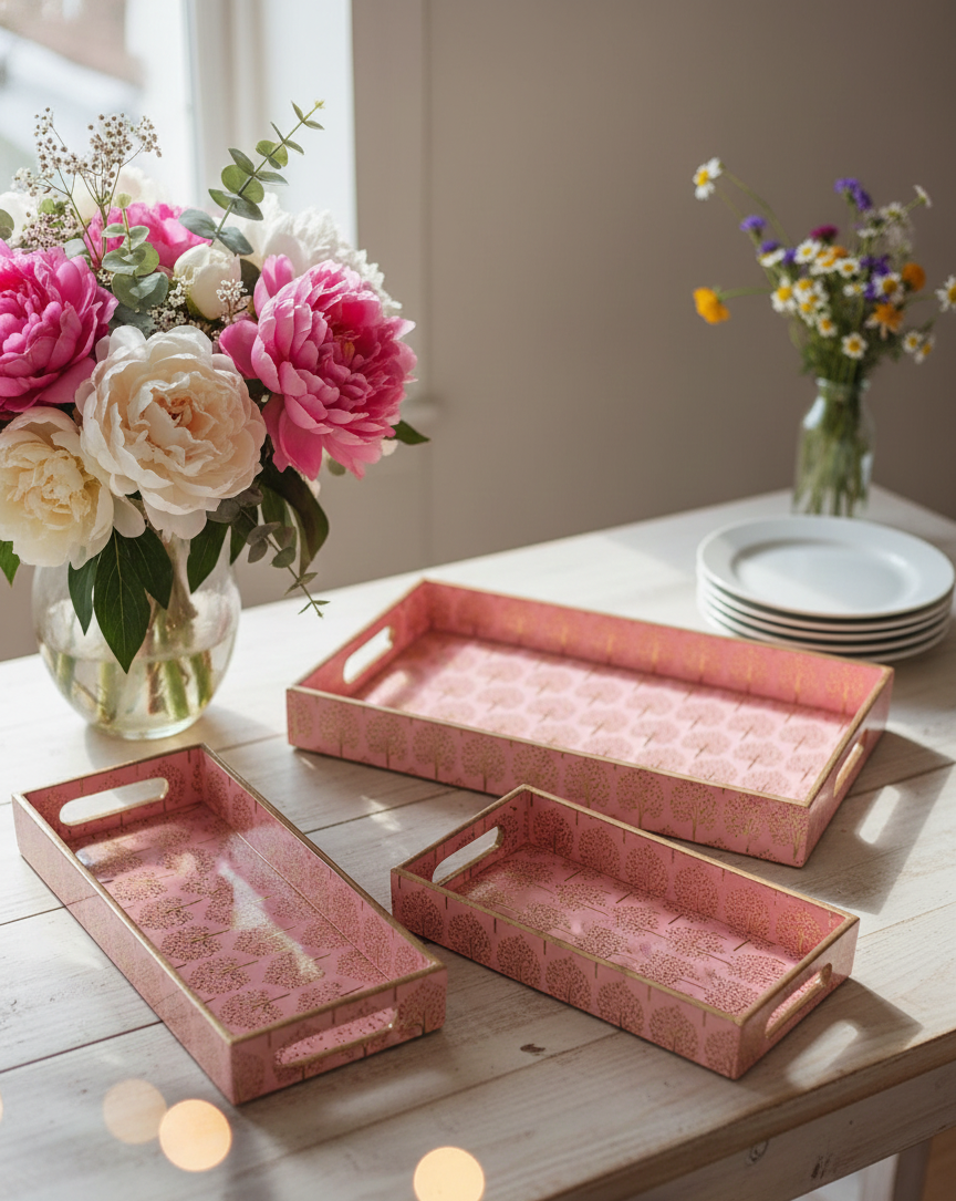 Serving Tray (Set of 3)- Pink Leaf - Image 3
