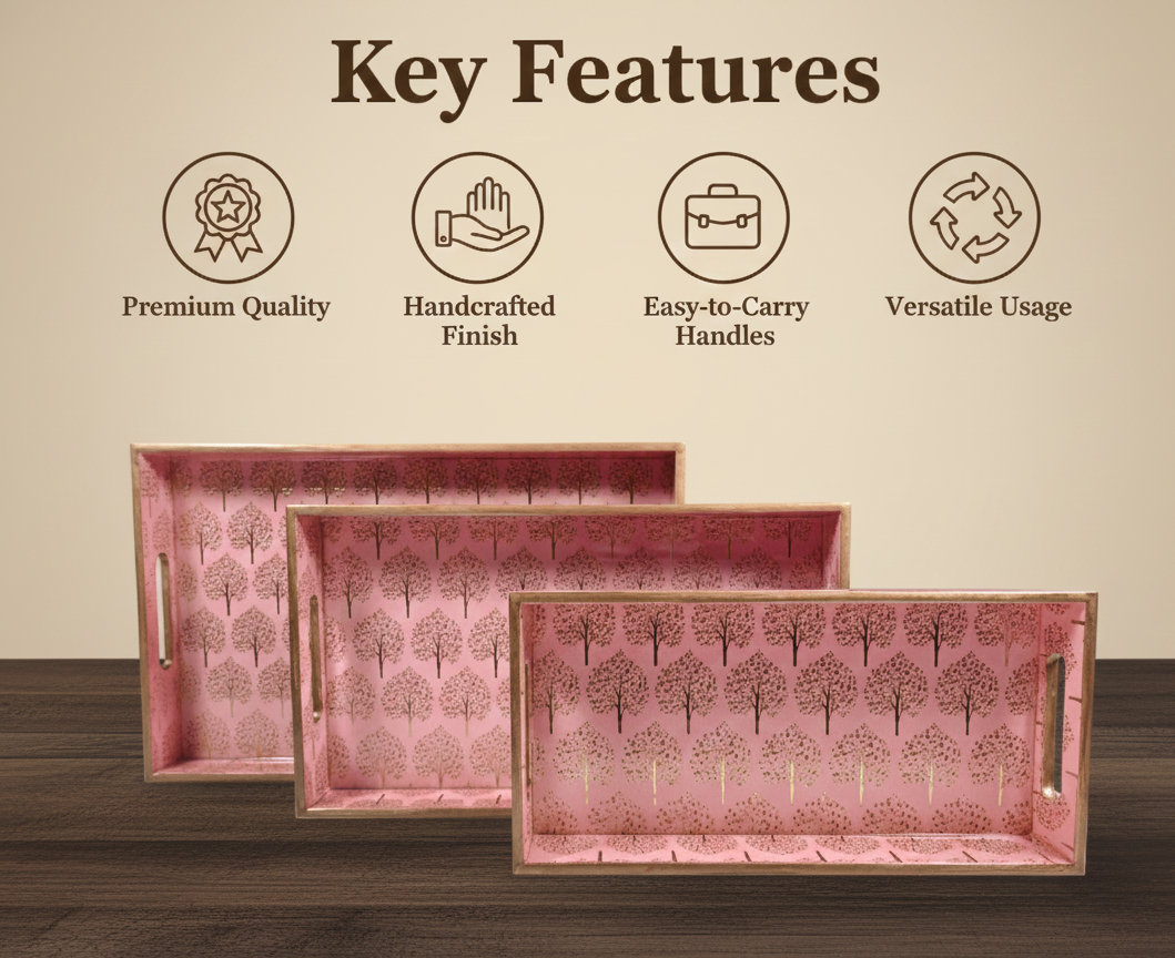 Serving Tray (Set of 3)- Pink Leaf - Image 4