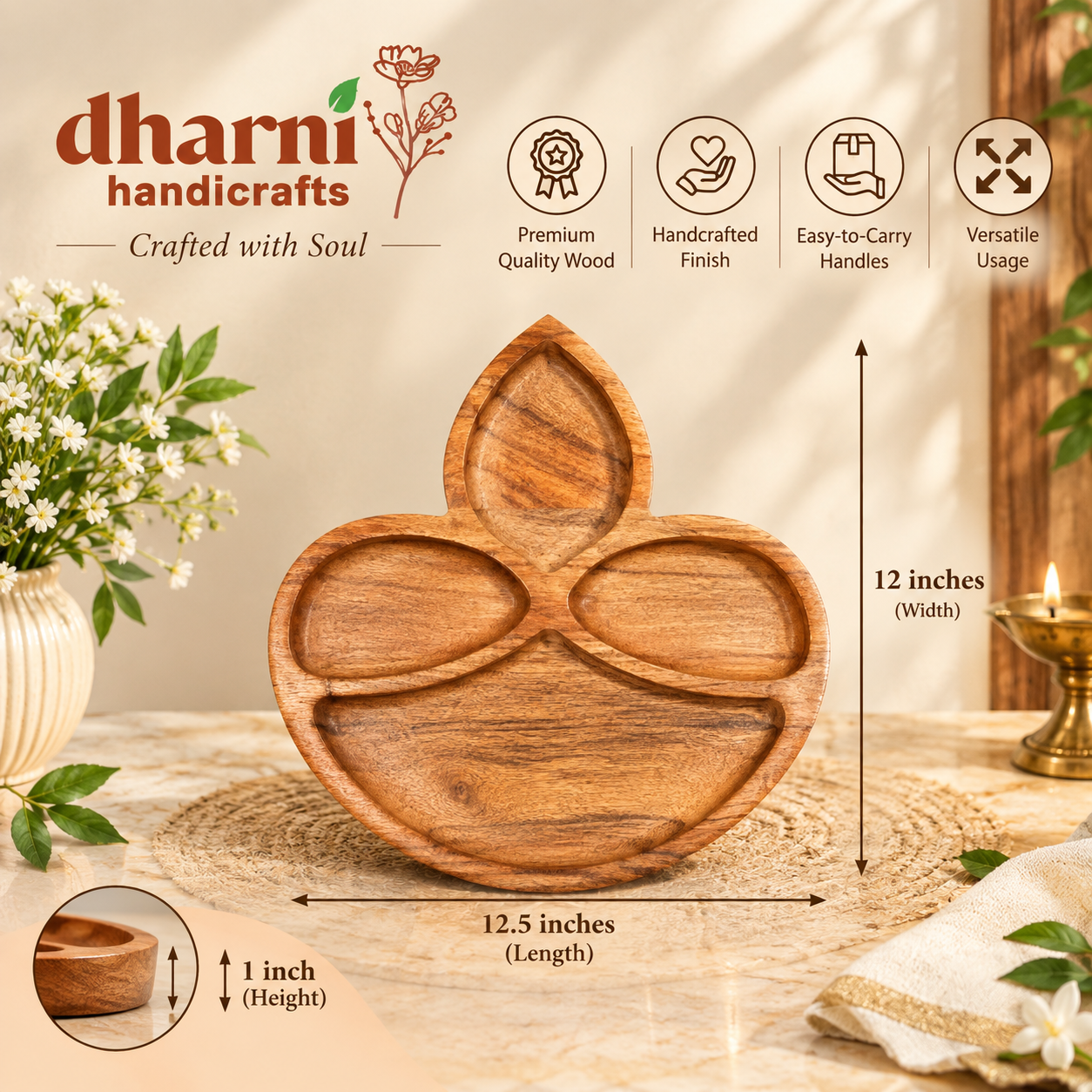 Diya Shaped Wooden Dry Fruit Tray, Handmade Diwali Gift - Image 5