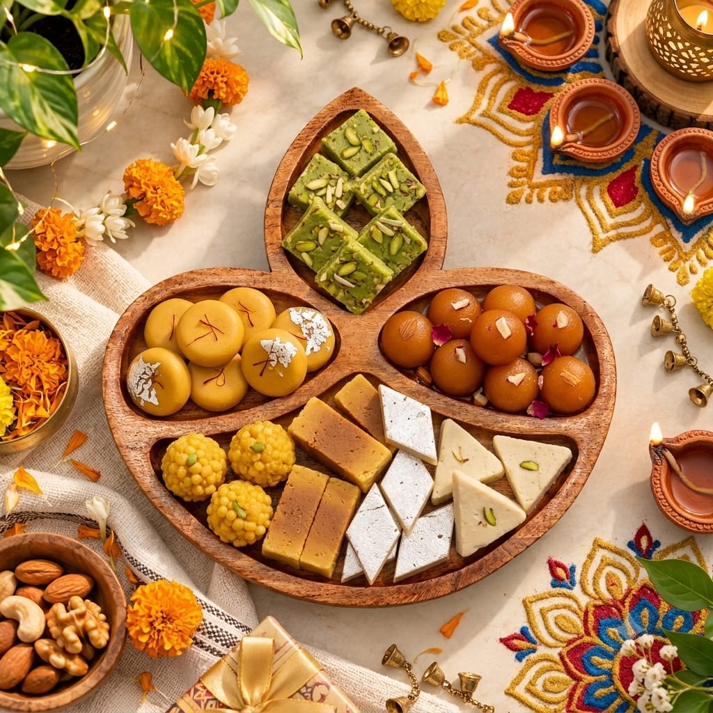 Diya Shaped Wooden Dry Fruit Tray, Handmade Diwali Gift - Image 3