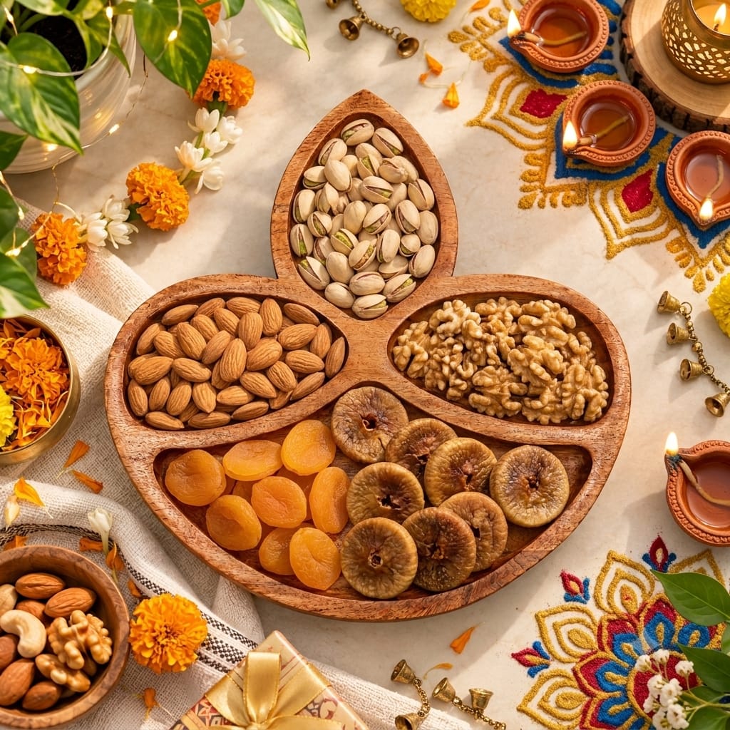 Diya Shaped Wooden Dry Fruit Tray, Handmade Diwali Gift - Image 2
