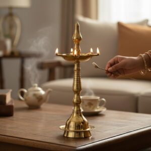 Traditional Brass Diya Stand – 5-Wick Diya Oil Lamp